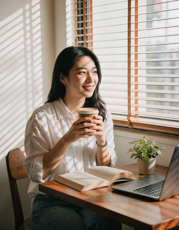 窓辺でコーヒーを楽しむ女性