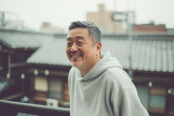 笑顔で上を向く中年の日本人男性