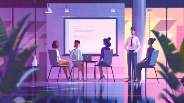 オフィスで会議をするビジネスチームのイラスト