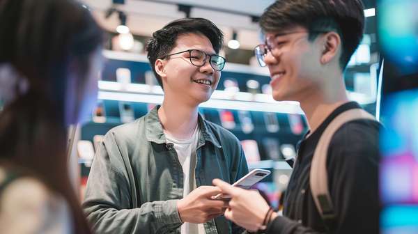スマートフォンで会話を楽しむ若い男性たち