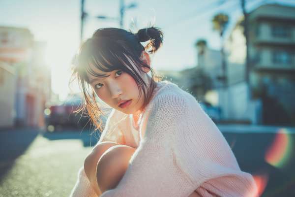 逆光に照らされる街角の女性、柔らかな光