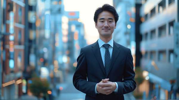 都会の街並みを背景に立つビジネスマン