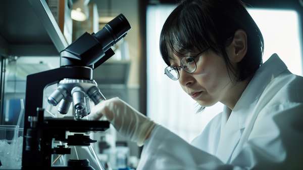 顕微鏡で研究を行う女性科学者
