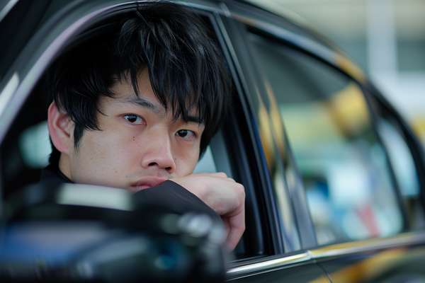 車の窓から物憂げに外を眺める若い男性