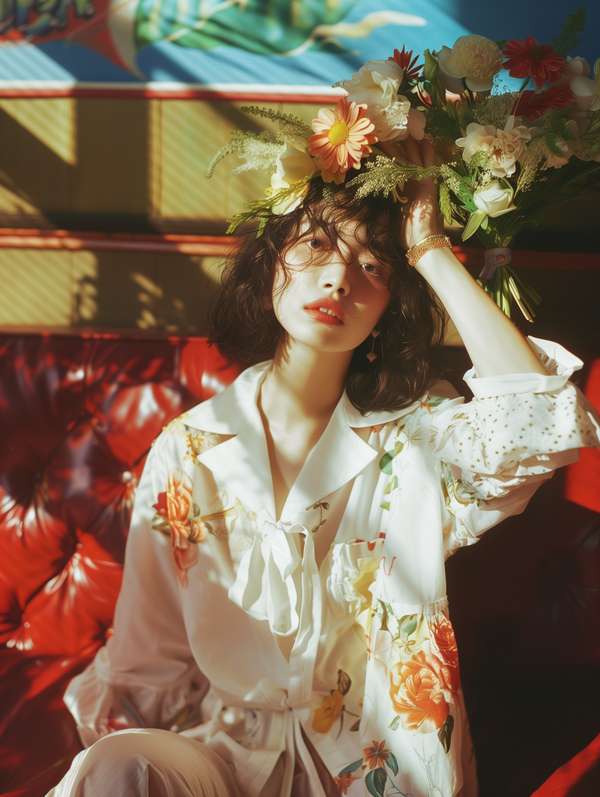 花束を頭に添えたレトロな雰囲気の女性のポートレート