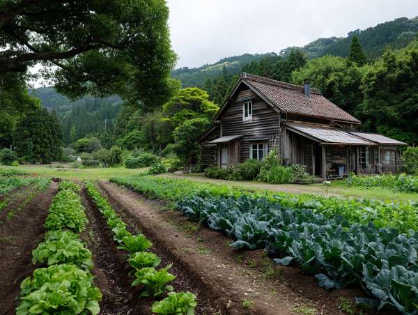 緑豊かな畑と静かな田舎の木造家屋