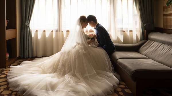 窓辺で寄り添う幸せな新郎新婦