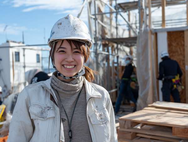 建設現場で笑顔を見せる女性建築家