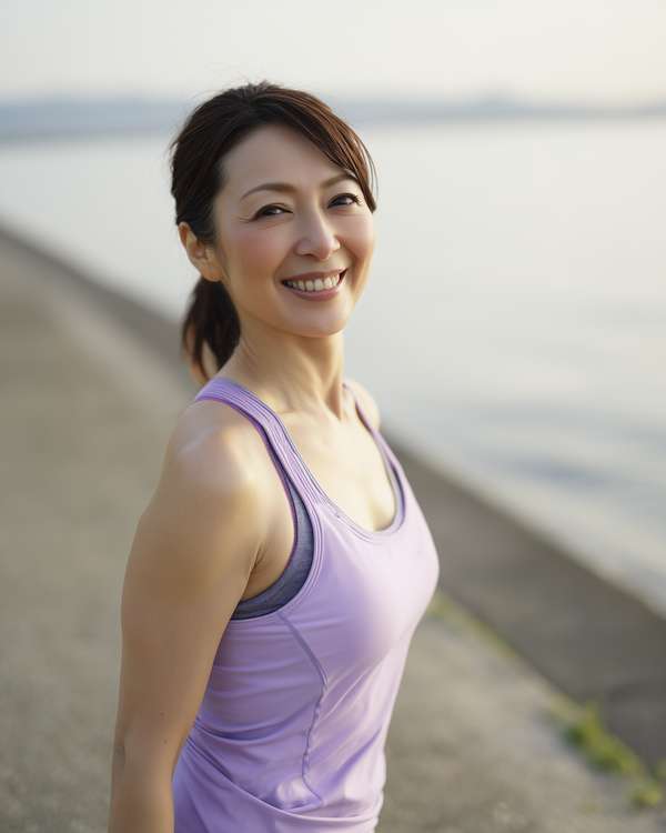 海辺で笑顔を見せるアクティブな女性