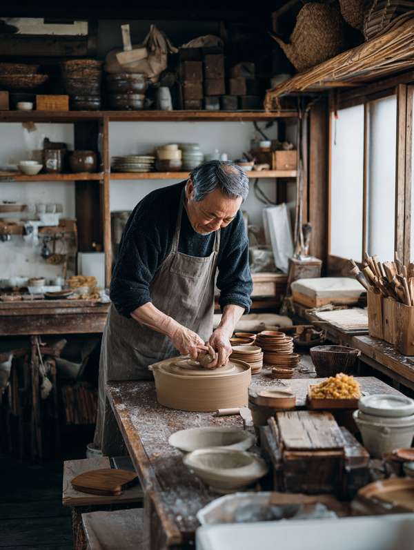 工房で陶器を作る熟練の職人
