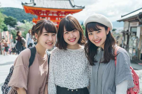 日本の古都で楽しむ笑顔の女子3人組