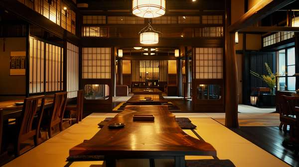 趣のある和風旅館の広々としたダイニングルーム