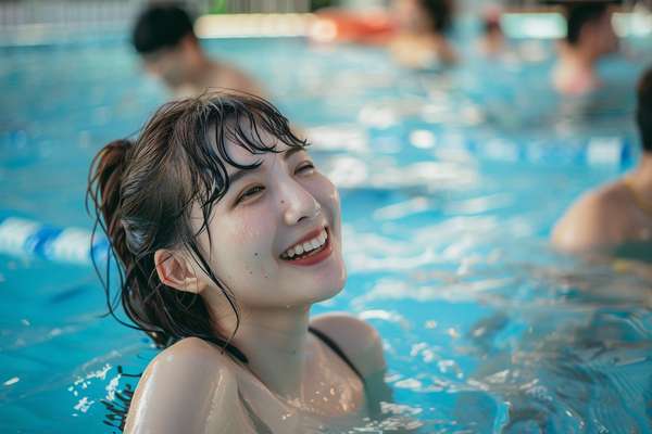 プールで笑顔を見せる若い女性