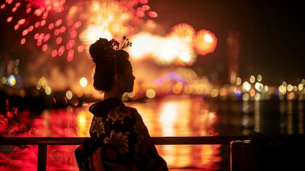 花火と着物姿の女性のシルエット
