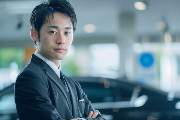 カーディーラーで働くスーツ姿の男性