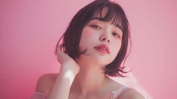 ピンク色の背景に映えるショートヘアの若い女性