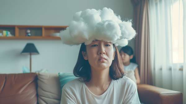 頭の上に雲を載せて悩む女性