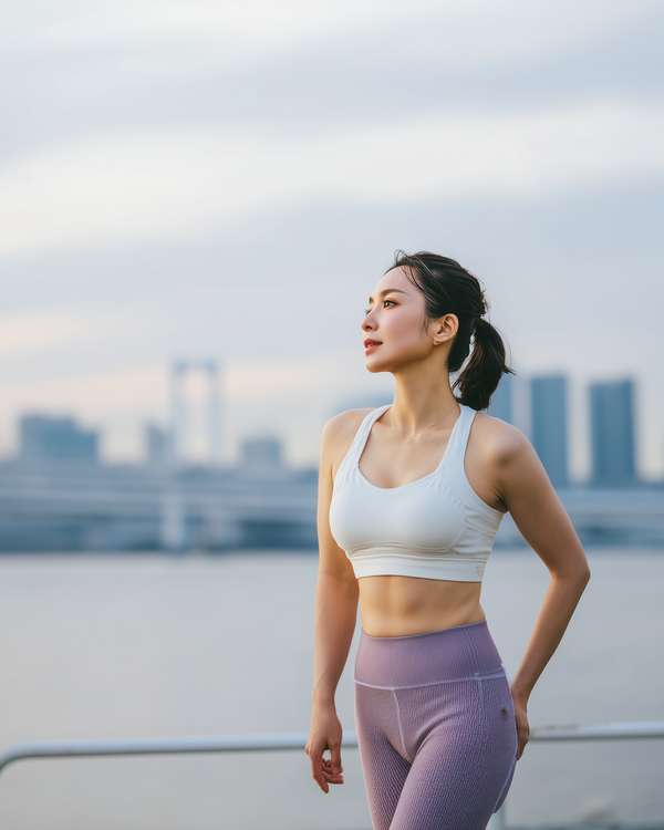 都会の景色を背景にトレーニングウェアを着た健康的な女性
