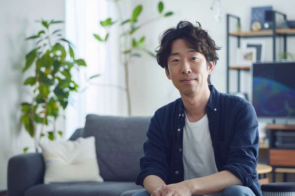 リビングでくつろぐ日本人男性