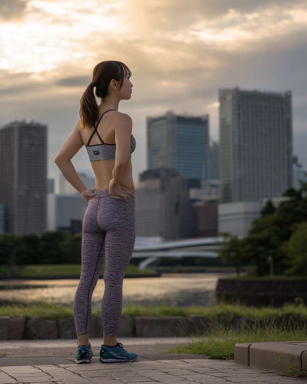 都市の絶景を望むスポーツウェアの女性