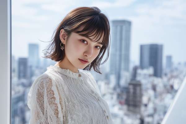 都会の景色を背景にした女性のポートレート