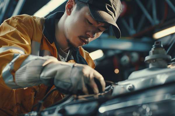 自動車整備工場でエンジンを修理する整備士