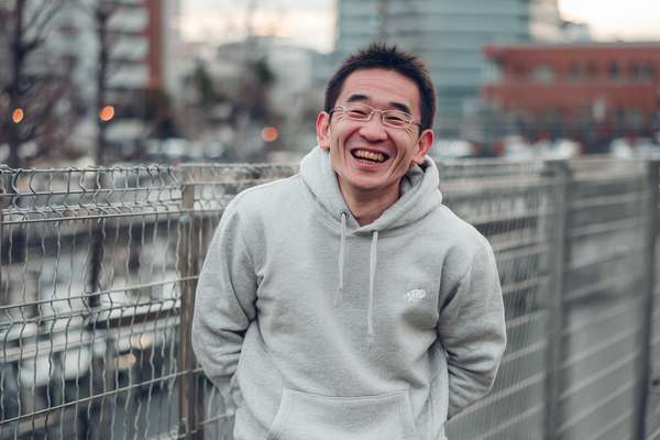 都市を背景に満面の笑みを浮かべる男性