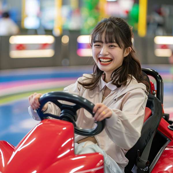 ゴーカートを楽しむ笑顔の女性