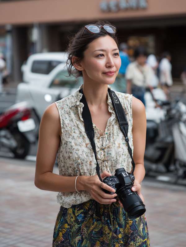 街中でカメラを手に微笑む女性