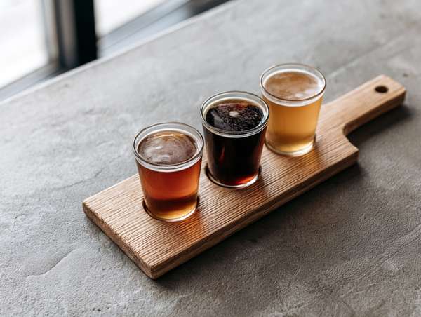木製のボードに乗った3種類のビールテイスティングセット