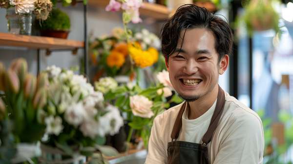 花屋で働く笑顔の男性店員