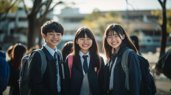 制服を着て笑顔で並ぶ学生の男女3人組