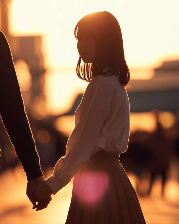 夕暮れ時に手をつなぐ二人