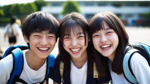 笑顔で仲良く並ぶ学生たち