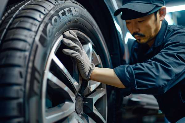 車のタイヤを点検する整備士