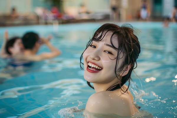 プールで笑顔を見せる若い女性