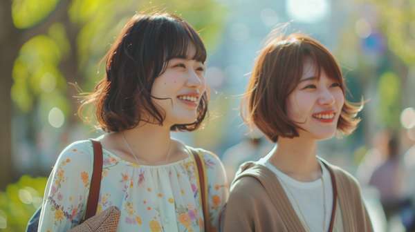 屋外で微笑み合う若い女性の友人二人