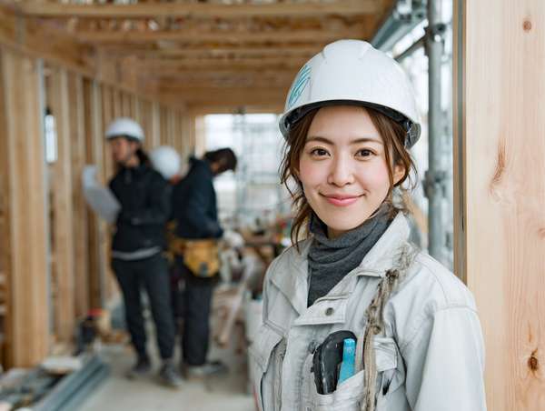 建設現場で微笑む女性作業員