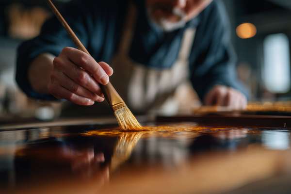 手作業で漆を塗る職人の手元