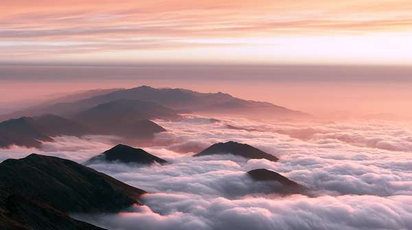 雲海と山々の幻想的な夕景