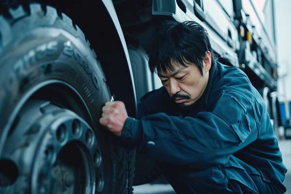 トラックのタイヤを点検する整備士