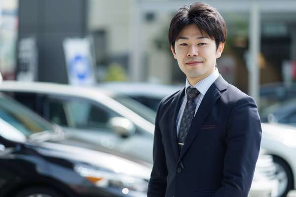 自動車ディーラーで働くスーツ姿の若い日本人男性