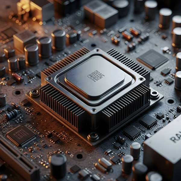 マザーボード上の高性能CPUとヒートシンク