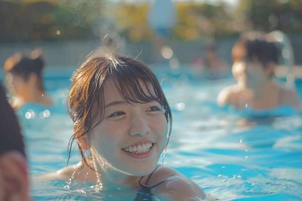 プールで楽しむ笑顔の女性
