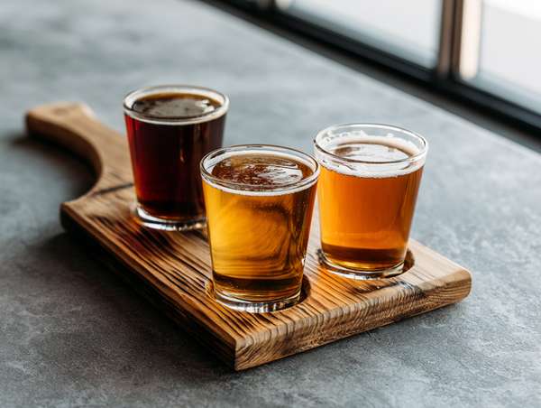 木製ボードに乗った3種類のクラフトビール