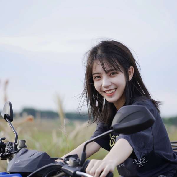 バイクに乗って微笑む若い女性