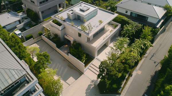 高級住宅街にあるモダンな邸宅の俯瞰撮影