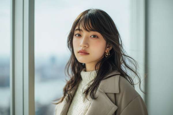 窓辺に立つ若い女性のポートレート