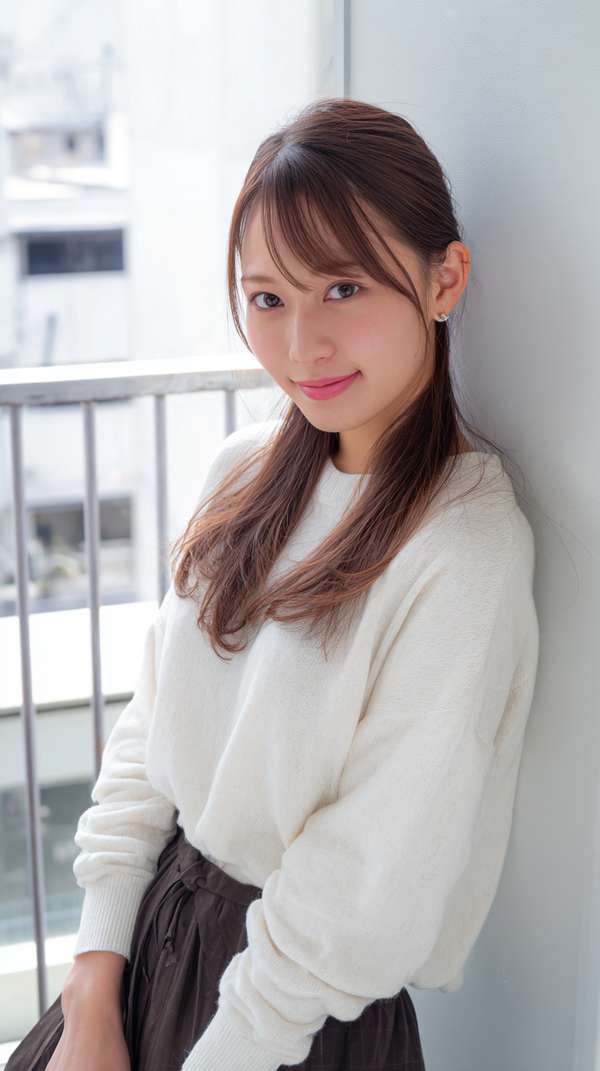 窓辺で微笑む若い日本人女性