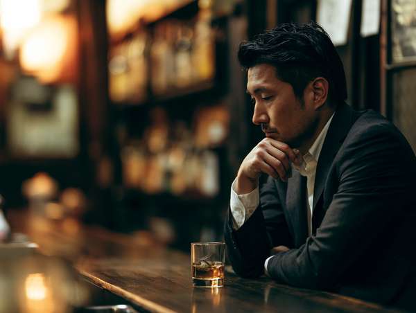 バーカウンターで物思いに耽るスーツ姿の男性